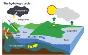 A diagram of the hydrological cycle. The diagram shows the water cycle, including evaporation, condensation, precipitation, and surface runoff.