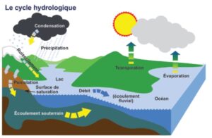 Sch&eacute;ma du cycle hydrologique. Le sch&eacute;ma montre le cycle de l'eau, y compris l'&eacute;vaporation, la condensation, les pr&eacute;cipitations et le ruissellement de surface.